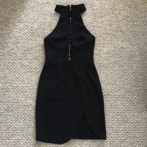 Black, lace up, front slit dress - zipper in back